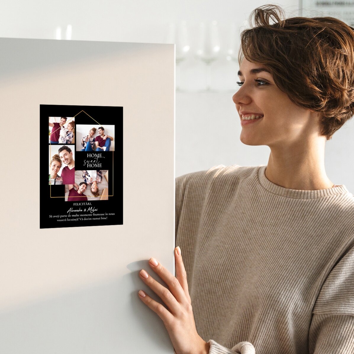 Tarjeta magnética personalizada con 4 fotos y texto para la nueva casa