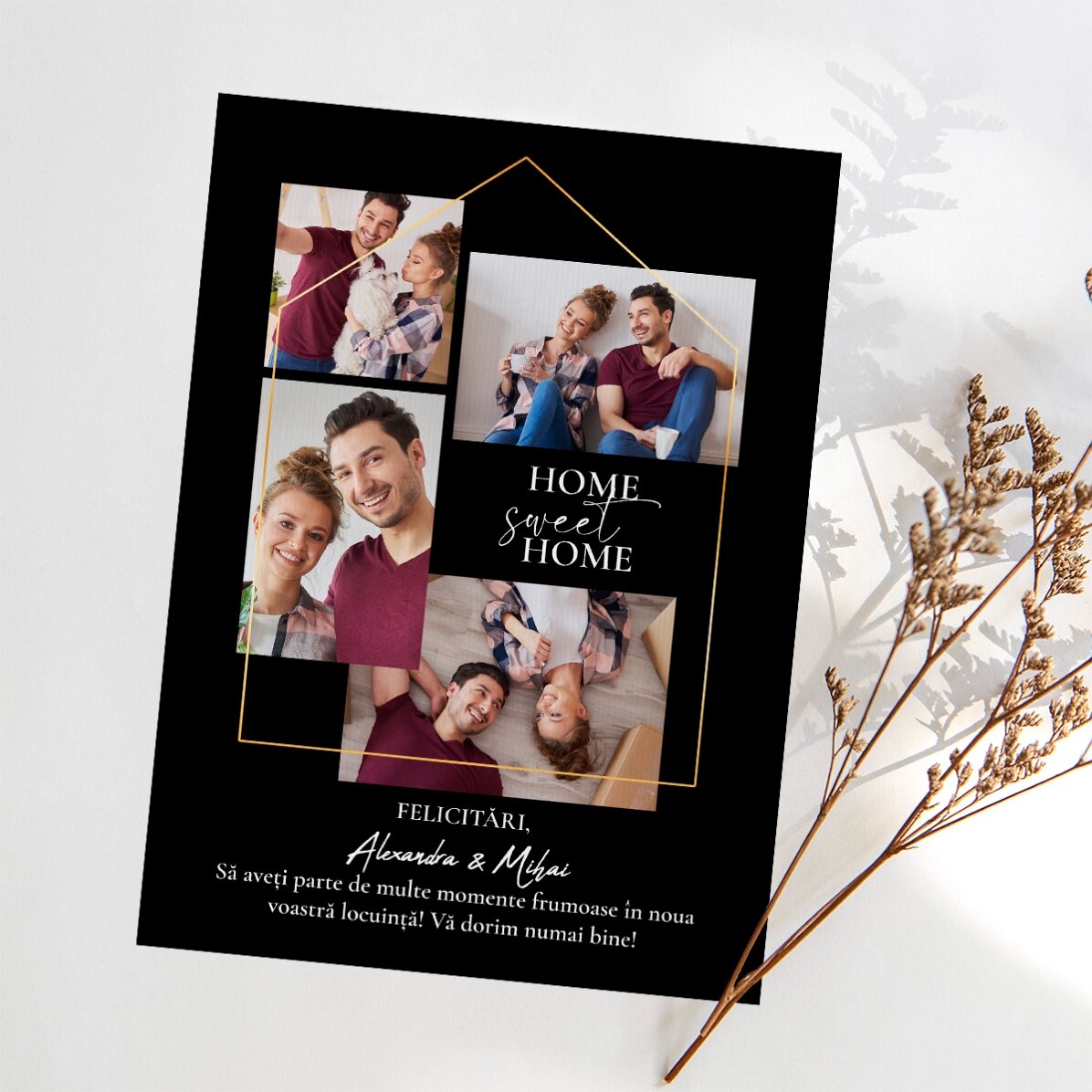 Tarjeta magnética personalizada con 4 fotos y texto para la nueva casa