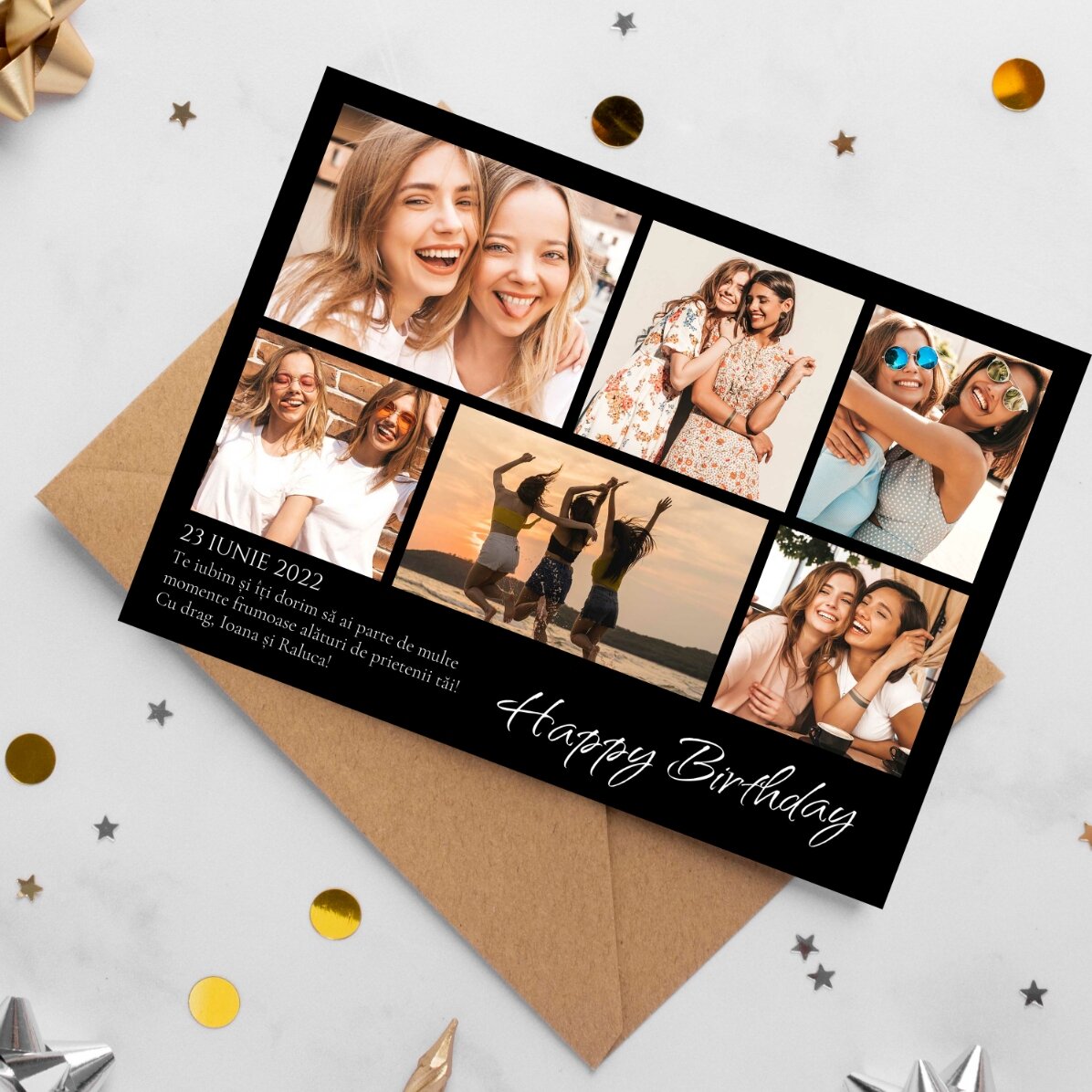 Tarjeta de felicitación magnética personalizada con 6 fotos y fondo de colores