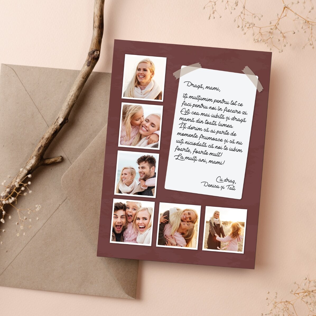 Tarjeta magnética personalizada con 6 fotos y un mensaje largo