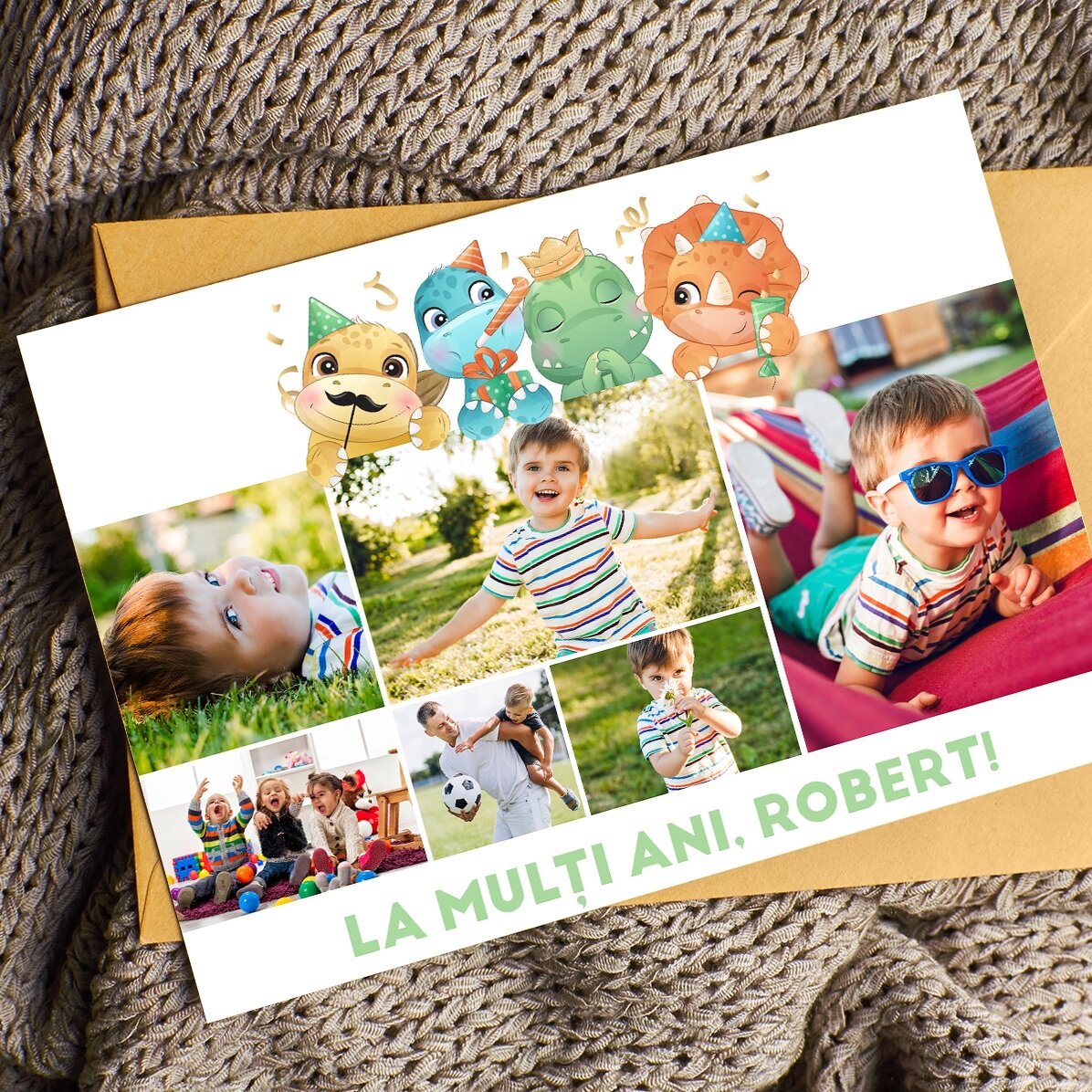 Personalised magnetic card with 6 photos and text - Dinosaurs