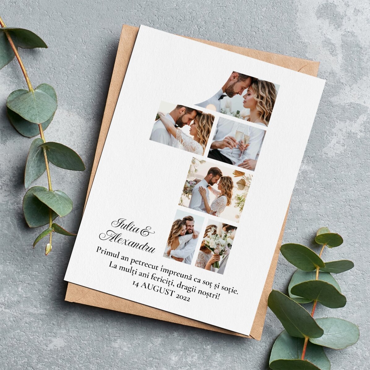 Tarjeta magnética personalizada con 6 fotos y texto para celebrar el primer aniversario