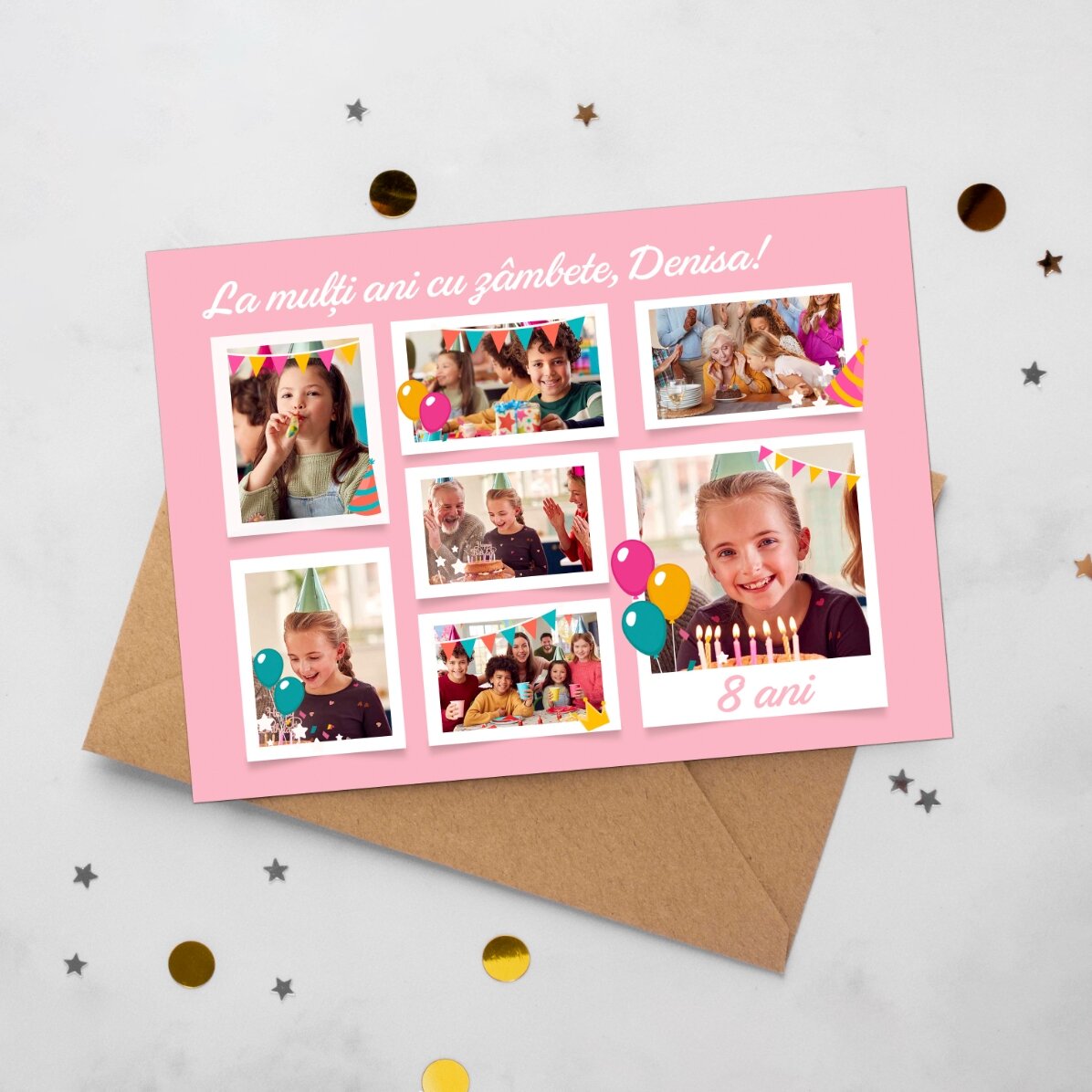 Tarjeta magnética personalizada con 7 fotos y un mensaje para niños