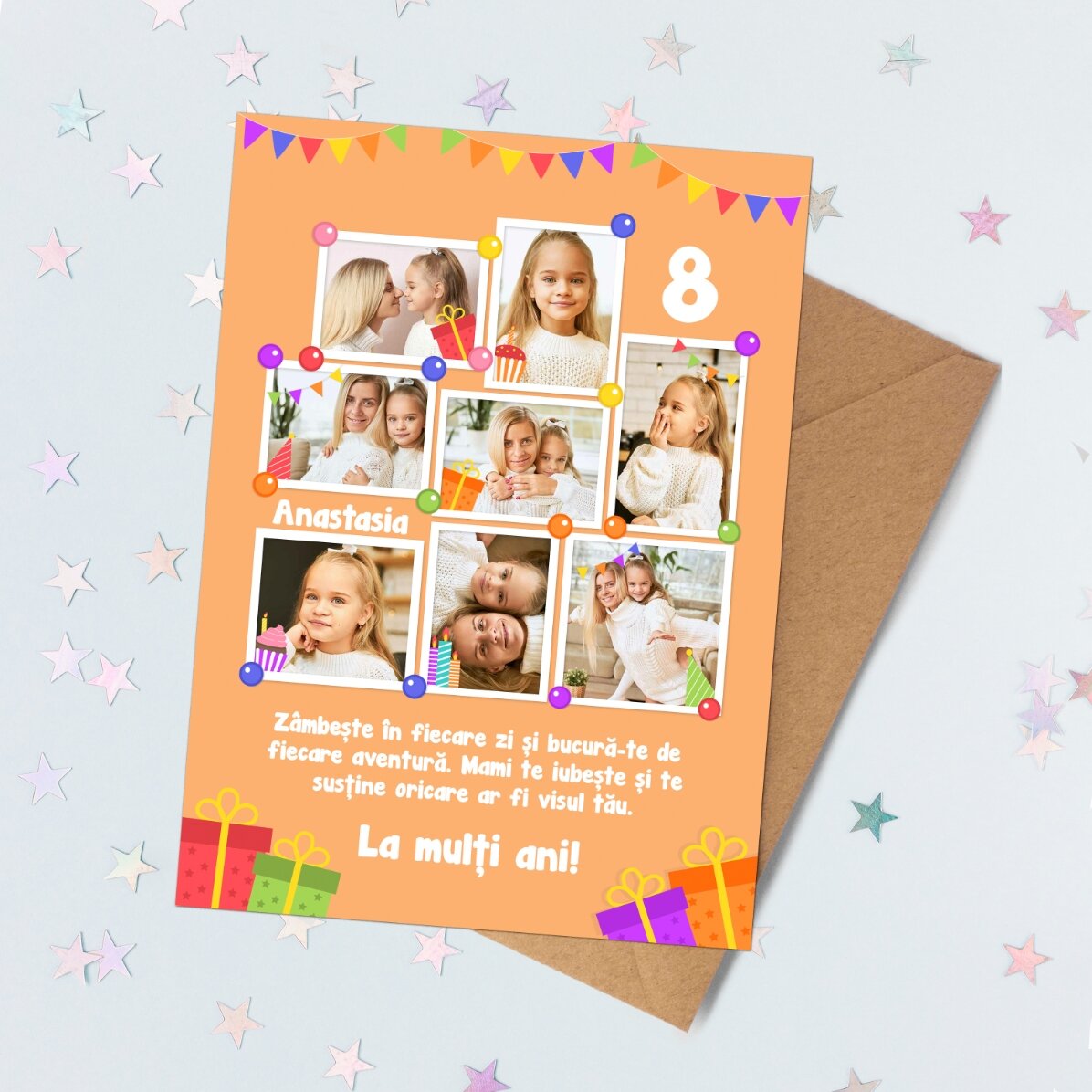 Tarjeta magnética personalizada con 8 fotos y un mensaje para niños - Cumpleaños