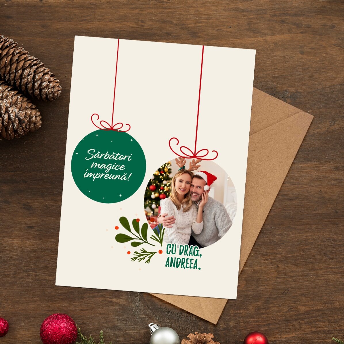 Personalised magnetic greeting card with a photo in the shape of a Christmas bauble for couples