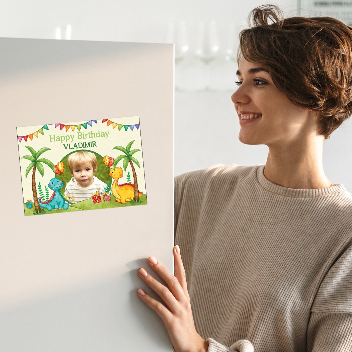 Tarjeta magnética personalizada con una foto y un mensaje para niños - Dinosaurios