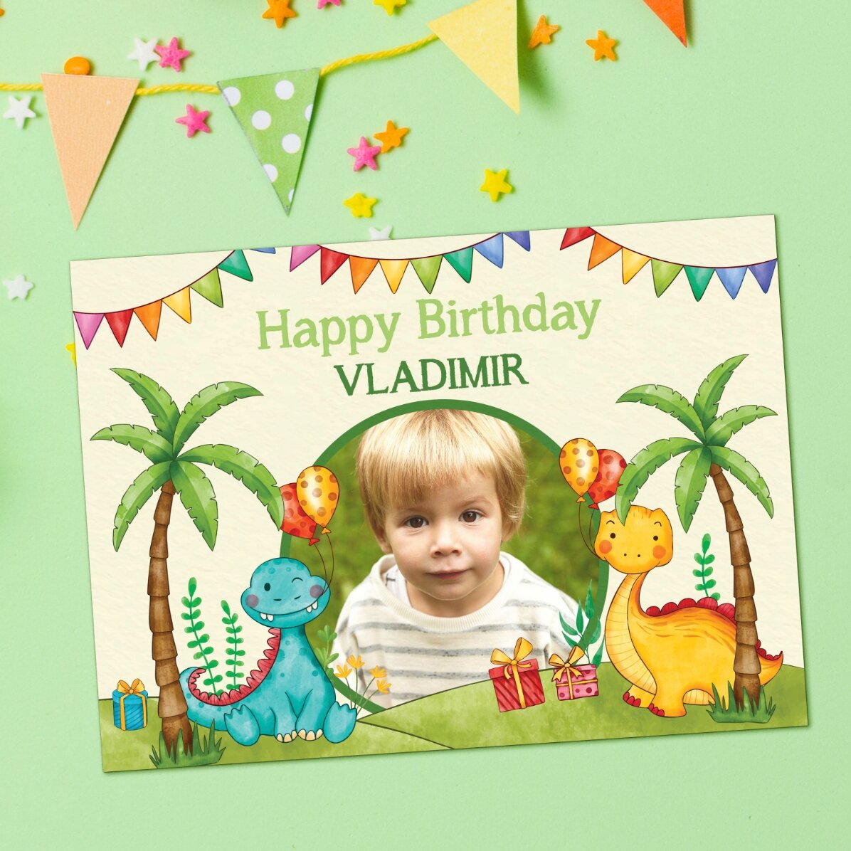 Tarjeta magnética personalizada con una foto y un mensaje para niños - Dinosaurios