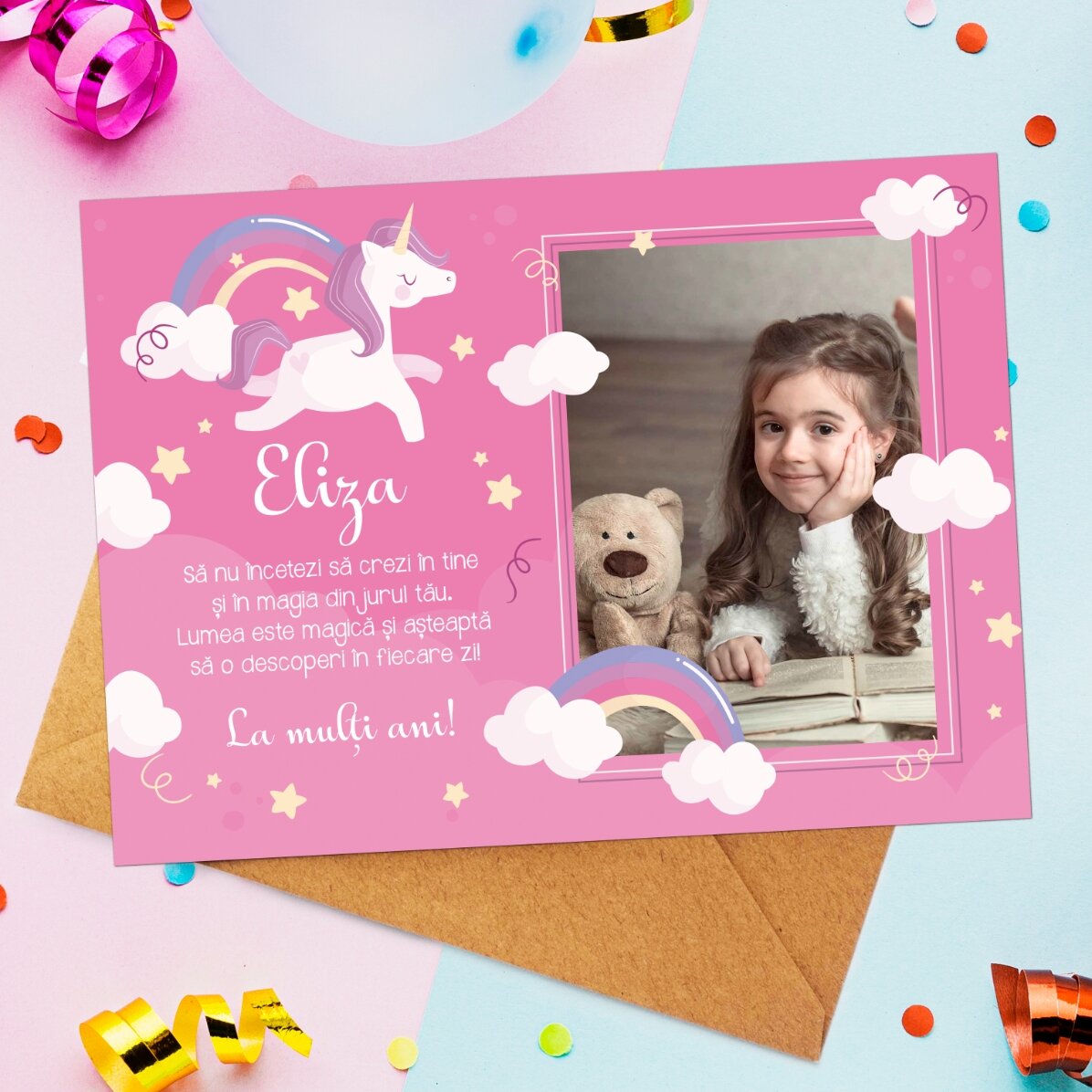 Tarjeta magnética personalizada con una foto y un mensaje para niños - Unicornio