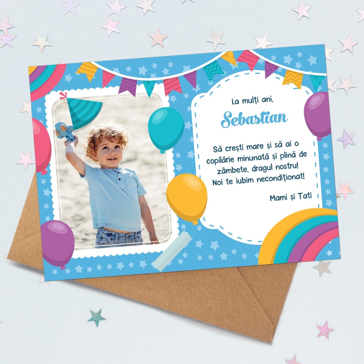 Tarjeta magnética personalizada con una foto y un mensaje para niños