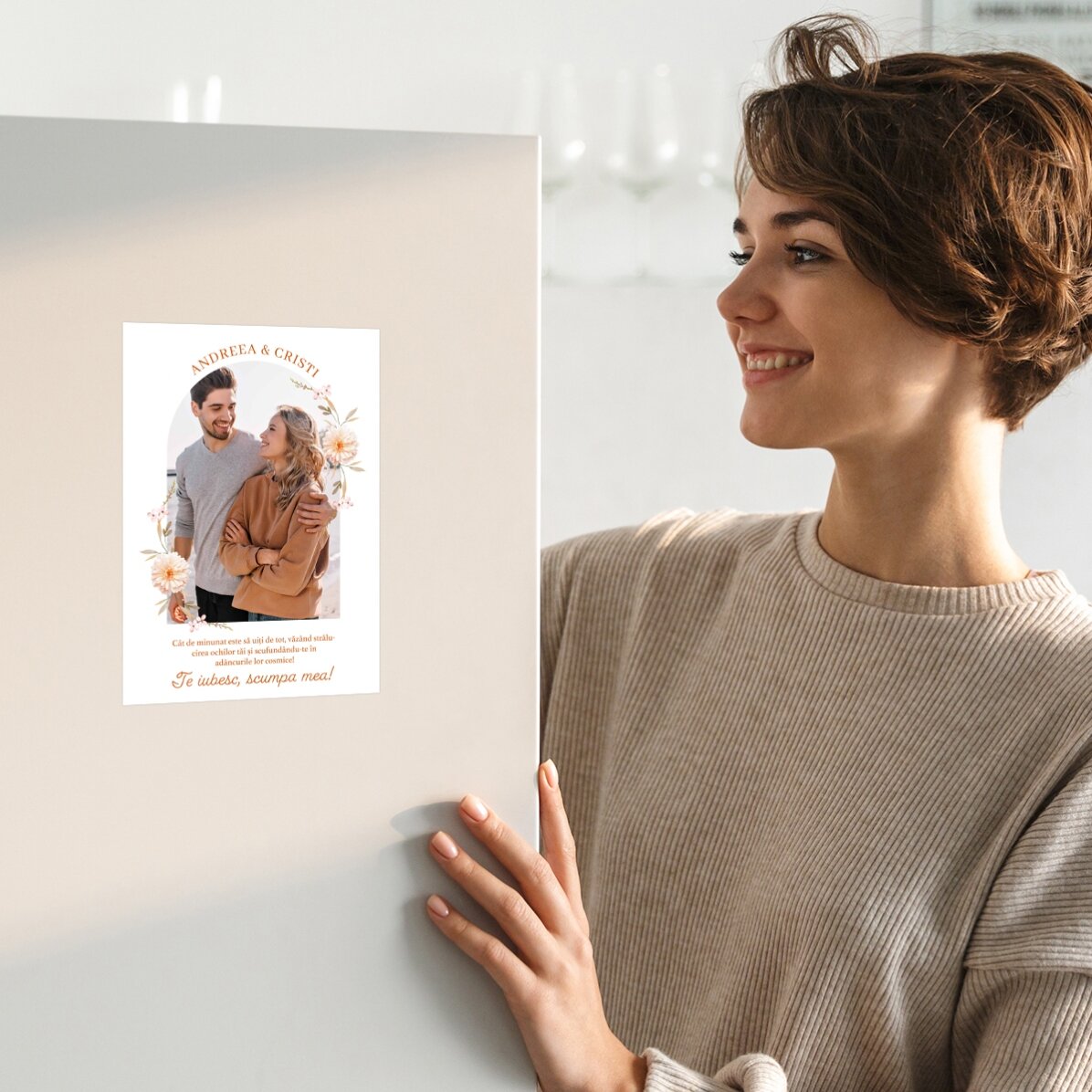 Tarjeta magnética personalizada con una foto y un texto: mensaje para tu novio o novia