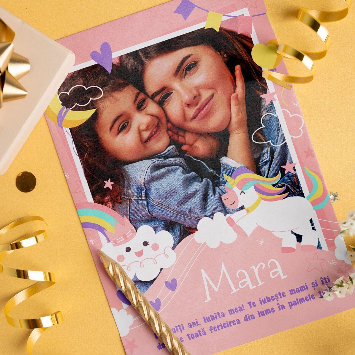 Tarjeta magnética personalizada con una foto y un texto - Arcoíris y unicornios
