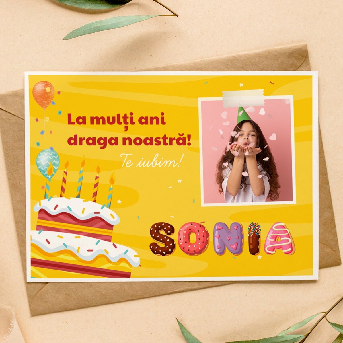 Tarjeta de felicitación magnética personalizada con una foto, un texto y un nombre especial - Cumple