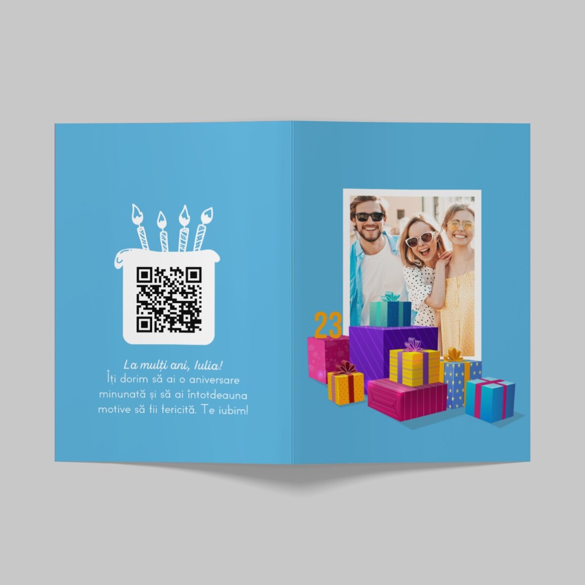 Tarjeta de felicitación personalizada con foto, texto y código QR - Feliz cumpleaños
