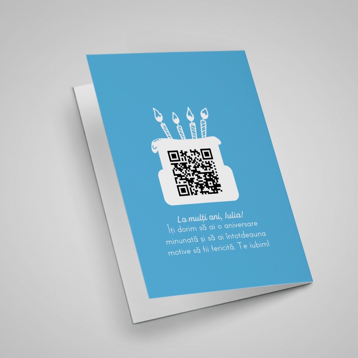 Tarjeta de felicitación personalizada con foto, texto y código QR - Feliz cumpleaños