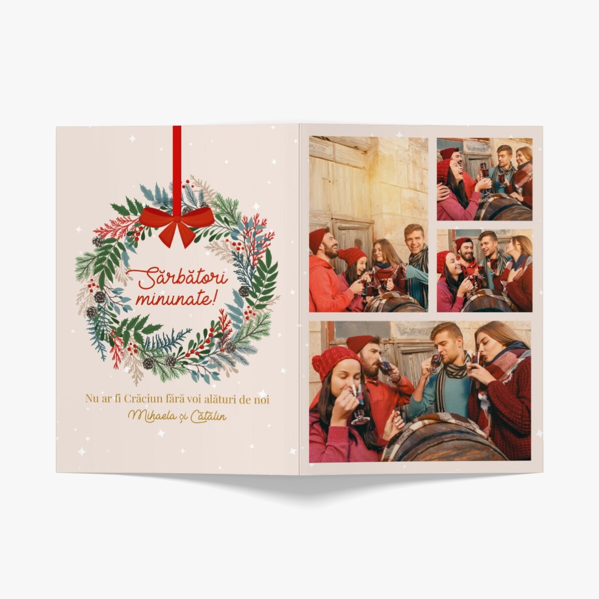Tarjeta de felicitación personalizada con 4 fotos y texto - Corona navideña