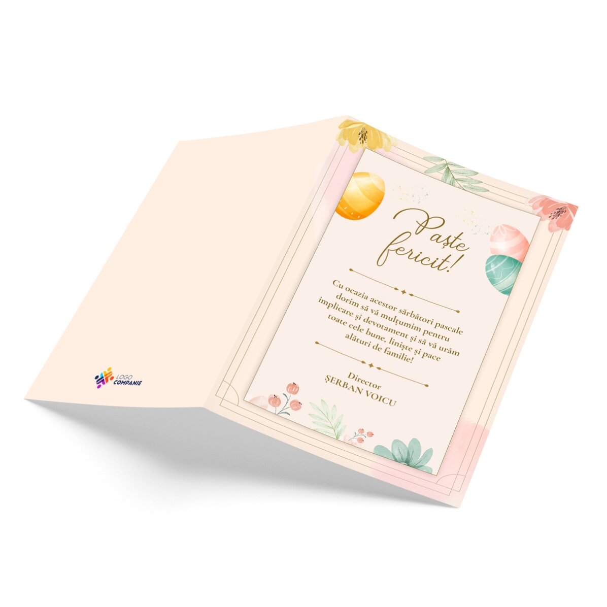Tarjeta de felicitación personalizada con logotipo y mensaje de Pascua