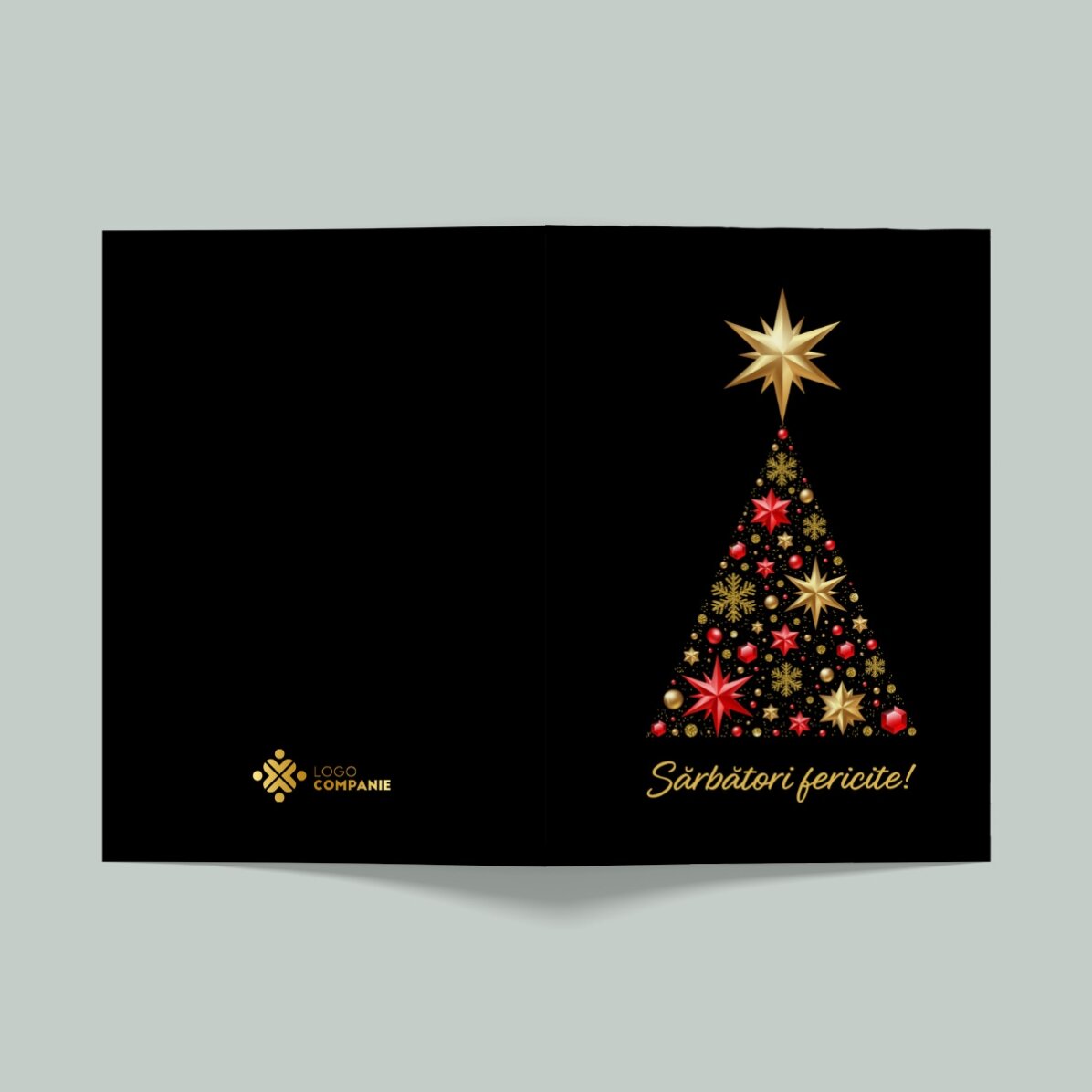 Tarjeta de felicitación personalizada con logotipo y mensaje - Árbol de Navidad dorado