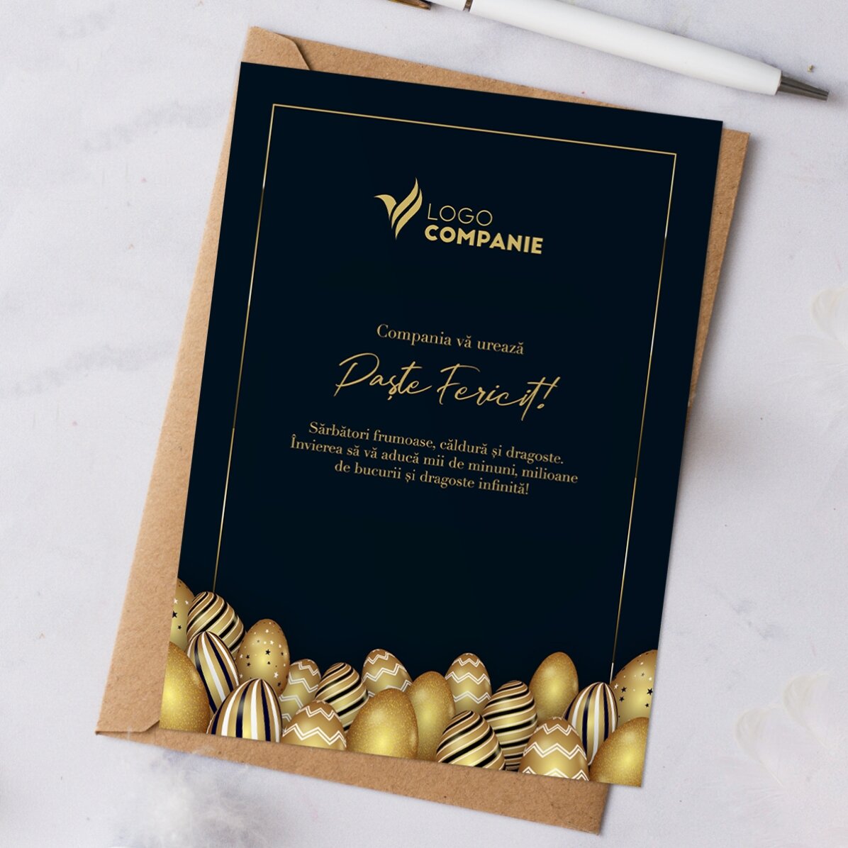 Tarjeta de felicitación personalizada con logotipo y mensaje para Pascua