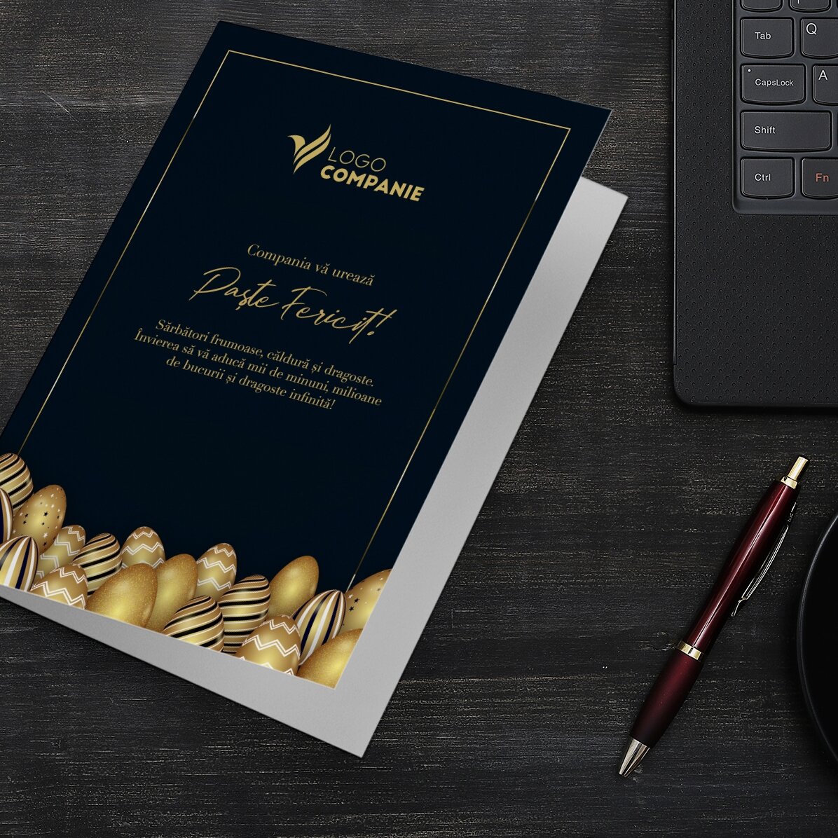 Tarjeta de felicitación personalizada con logotipo y mensaje para Pascua
