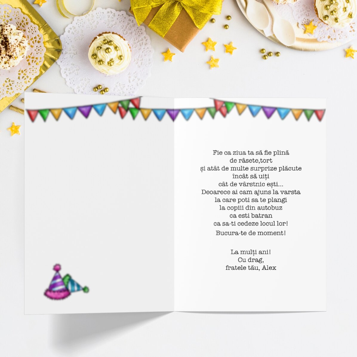 Tarjeta de felicitación personalizada con texto: «Con la edad, también se va la vista»