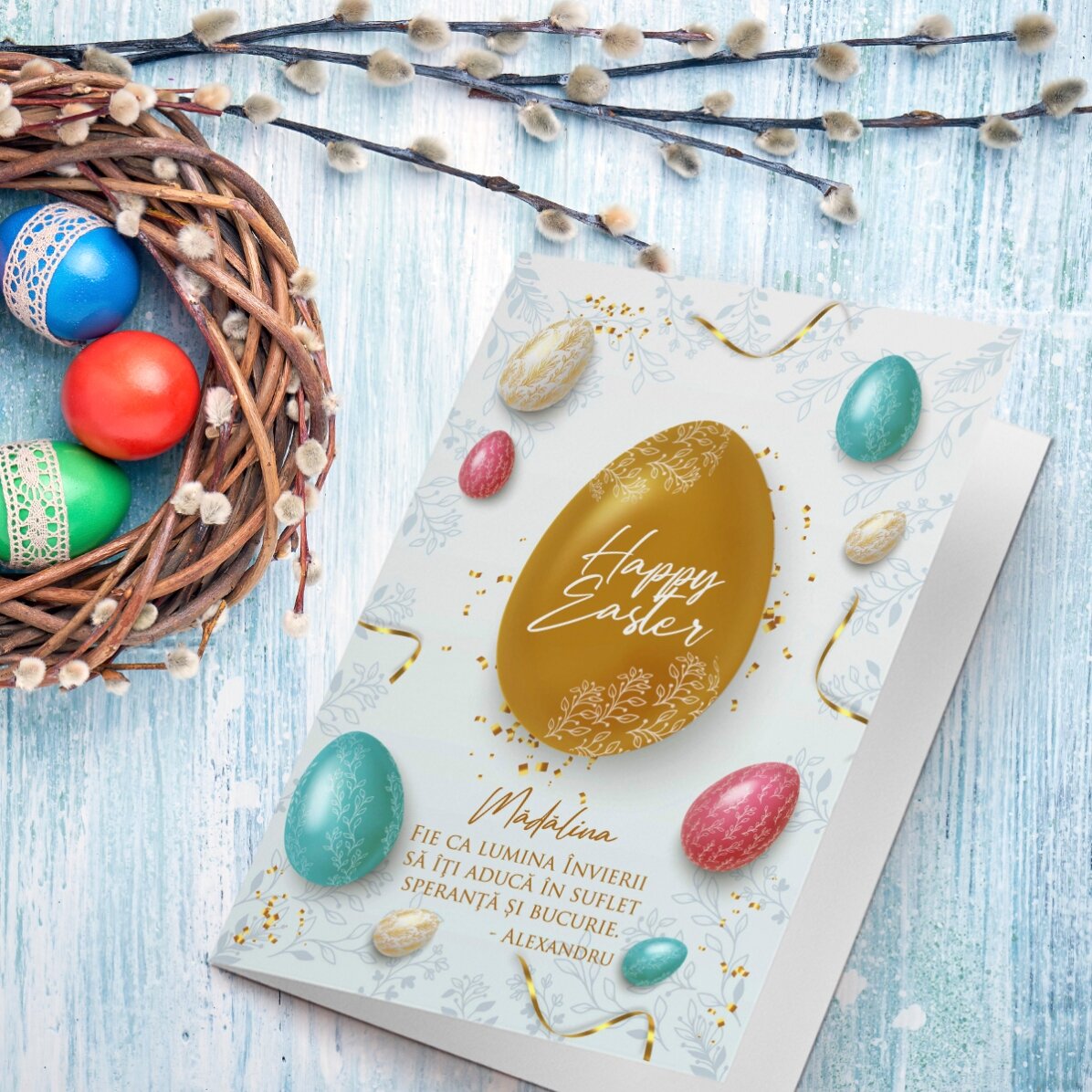 Tarjeta de felicitación personalizada con texto - Deseos de Pascua