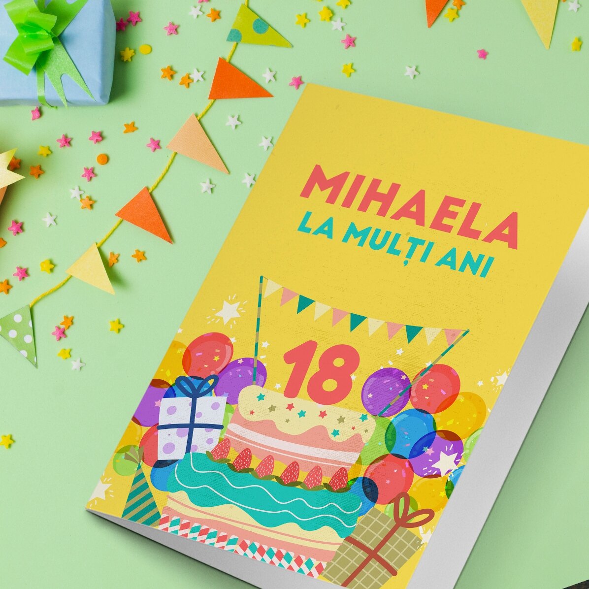 Tarjeta de felicitación personalizada con texto: «¡Feliz cumpleaños!»