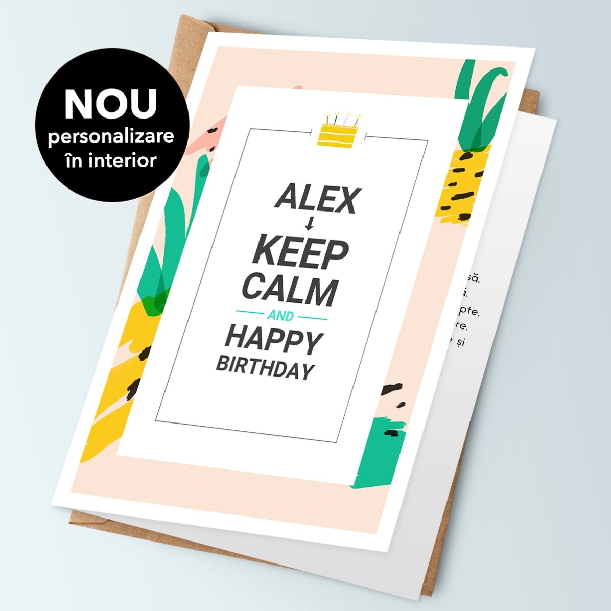 Tarjeta de felicitación personalizada con texto: «KEEP CALM and happy birthday»