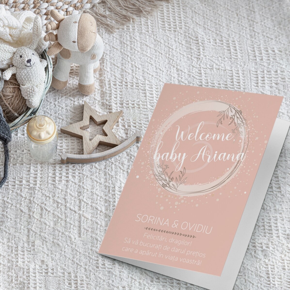 Tarjeta de felicitación personalizada con texto: «¡Bienvenido, bebé!»