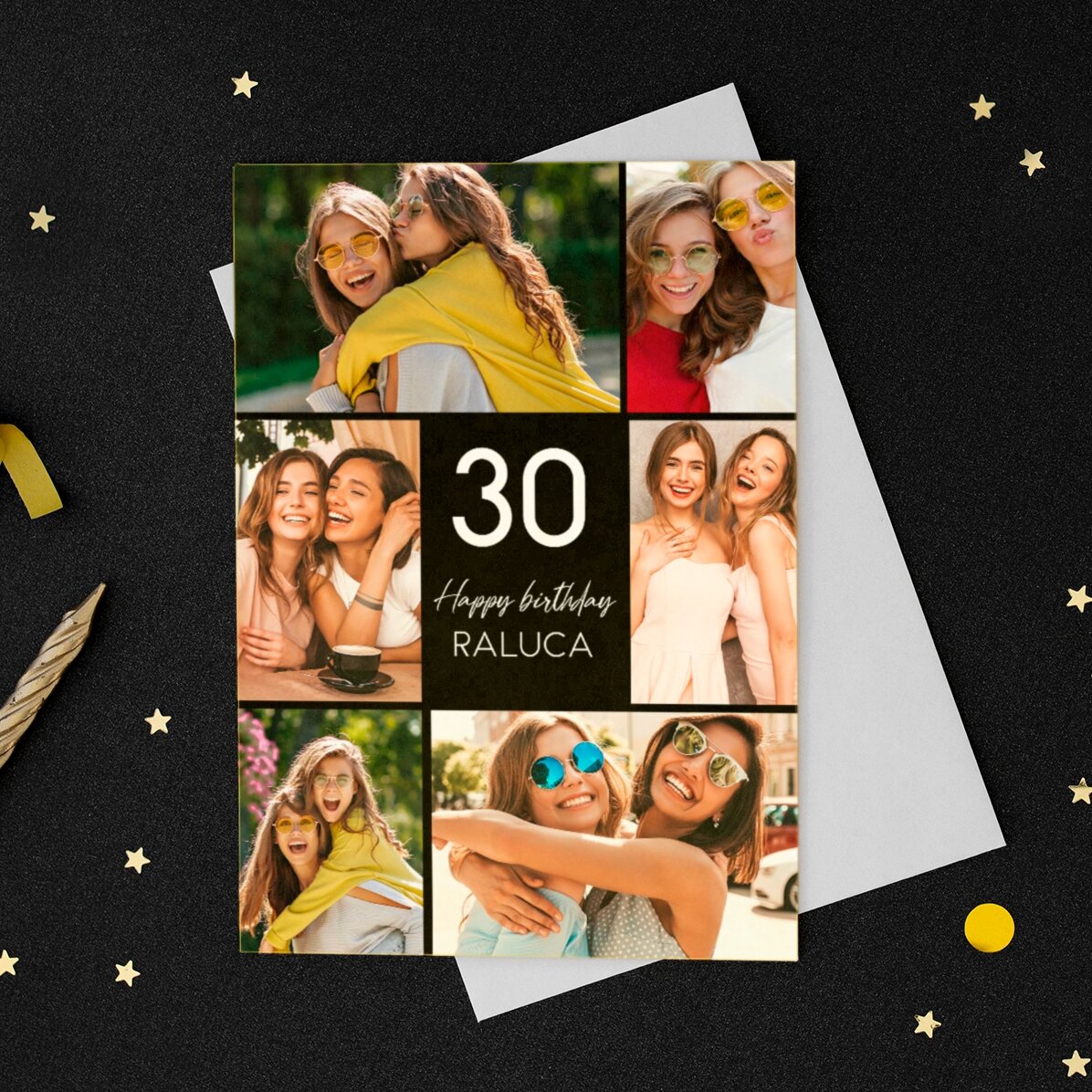 Tarjeta de felicitación personalizada, anverso y reverso, con fotos y texto