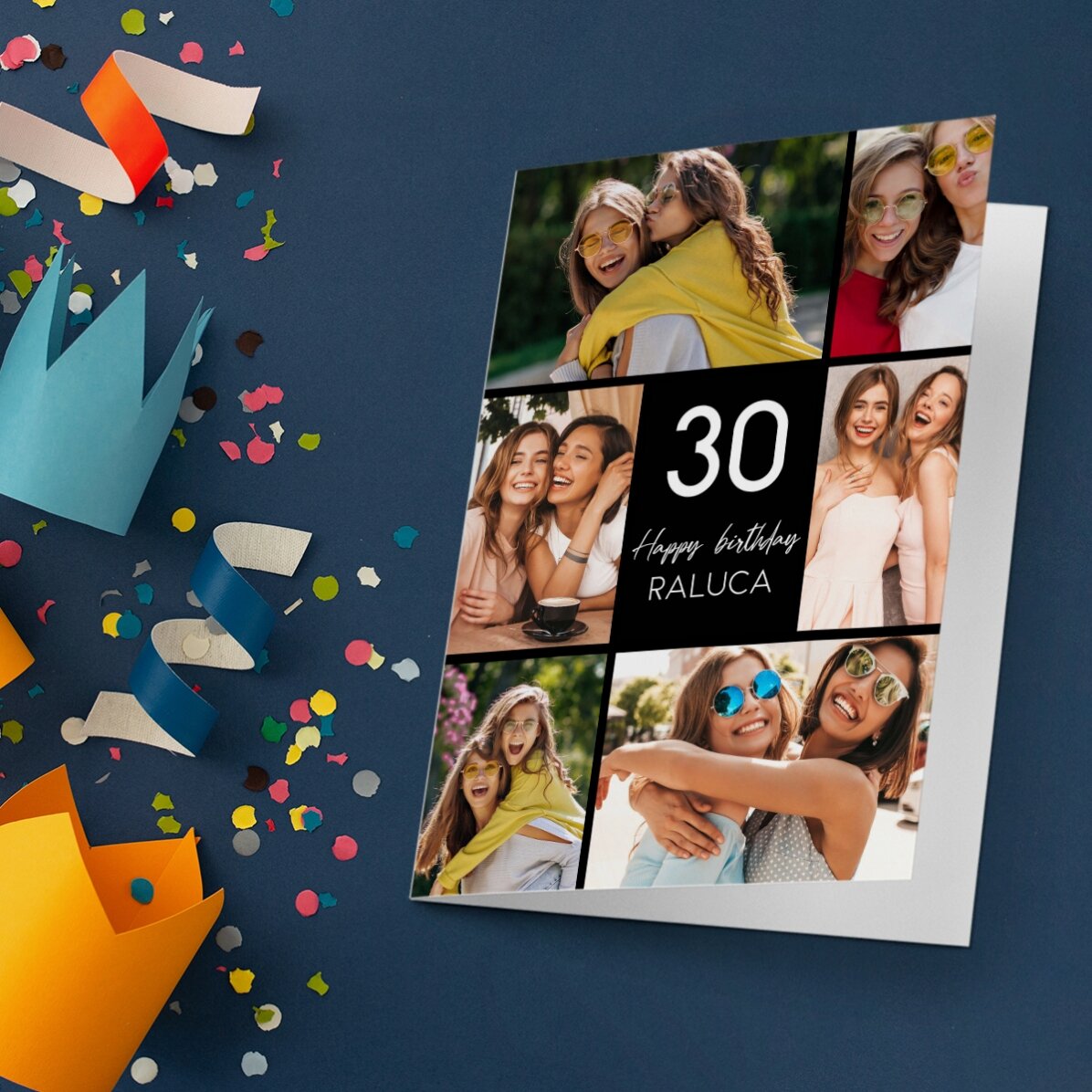 Tarjeta de felicitación personalizada, anverso y reverso, con fotos y texto