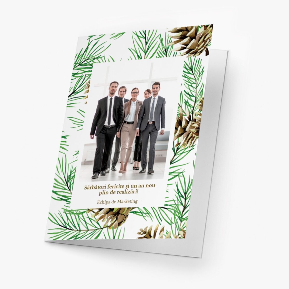 Tarjeta de felicitación personalizada, anverso y reverso, con texto, foto y logotipo - Conos de abet