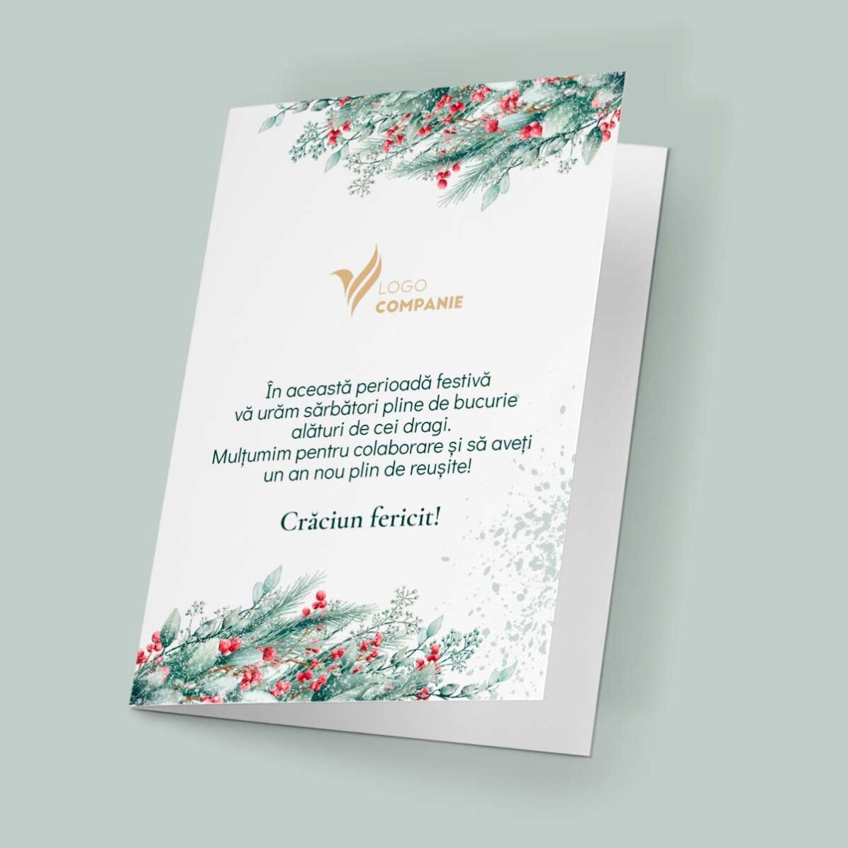 Tarjeta de felicitación personalizada, anverso y reverso, con texto y logotipo: ¡Feliz Navidad!
