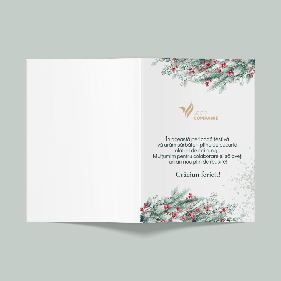 Tarjeta de felicitación personalizada, anverso y reverso, con texto y logotipo: ¡Feliz Navidad!
