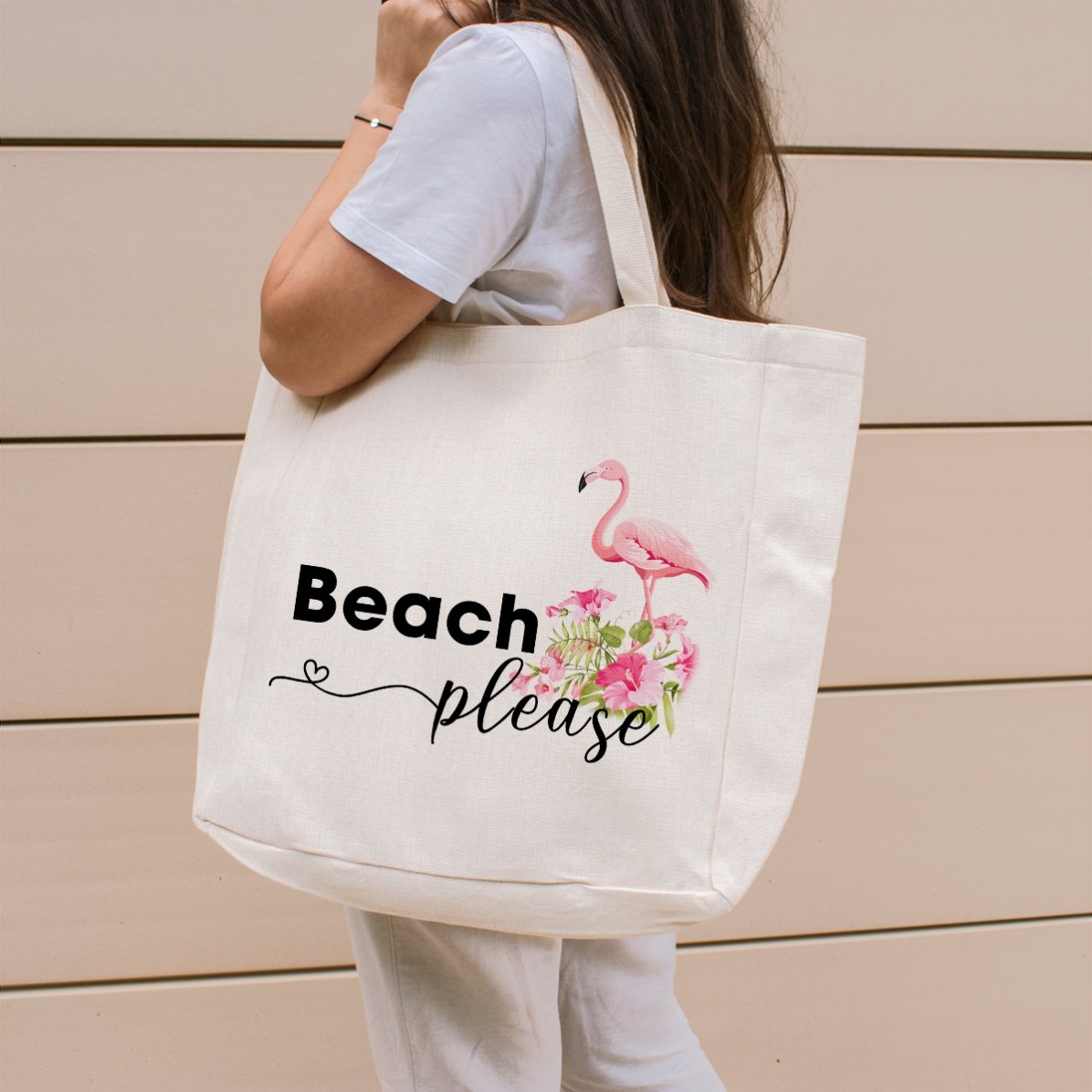 Personalised beach bag with text - Beach please flamingo model
