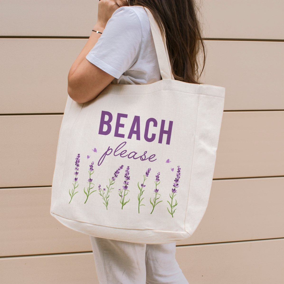 Bolso de playa personalizado con texto - Modelo «Beach please» en color lavanda