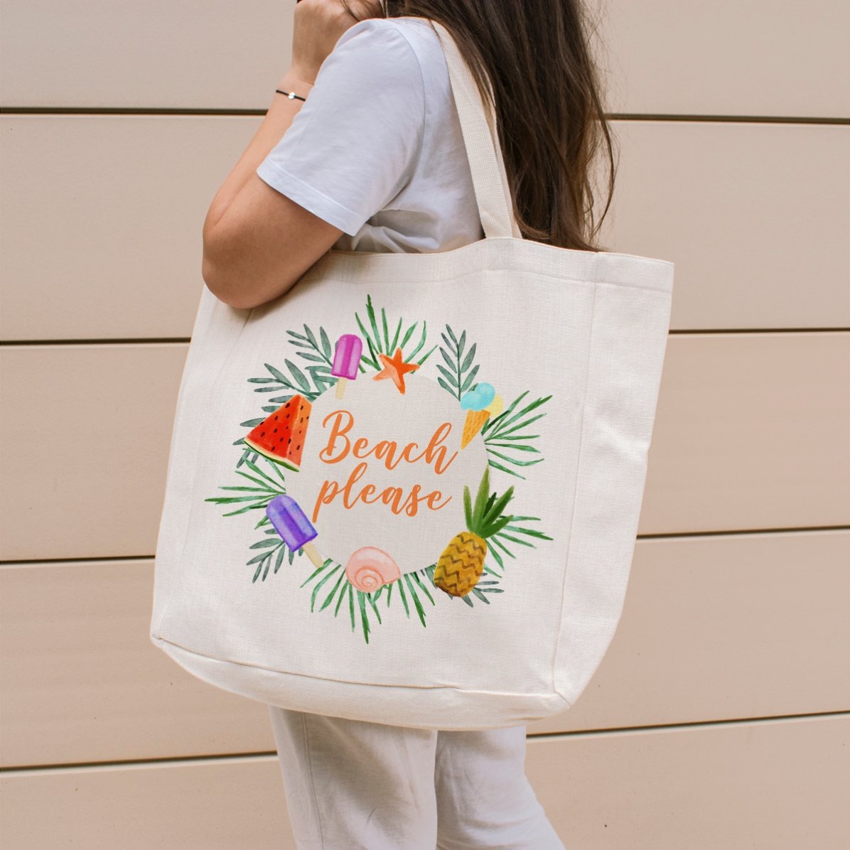 Bolso de playa personalizado con texto - Modelo «Beach please» «Summer freeze»