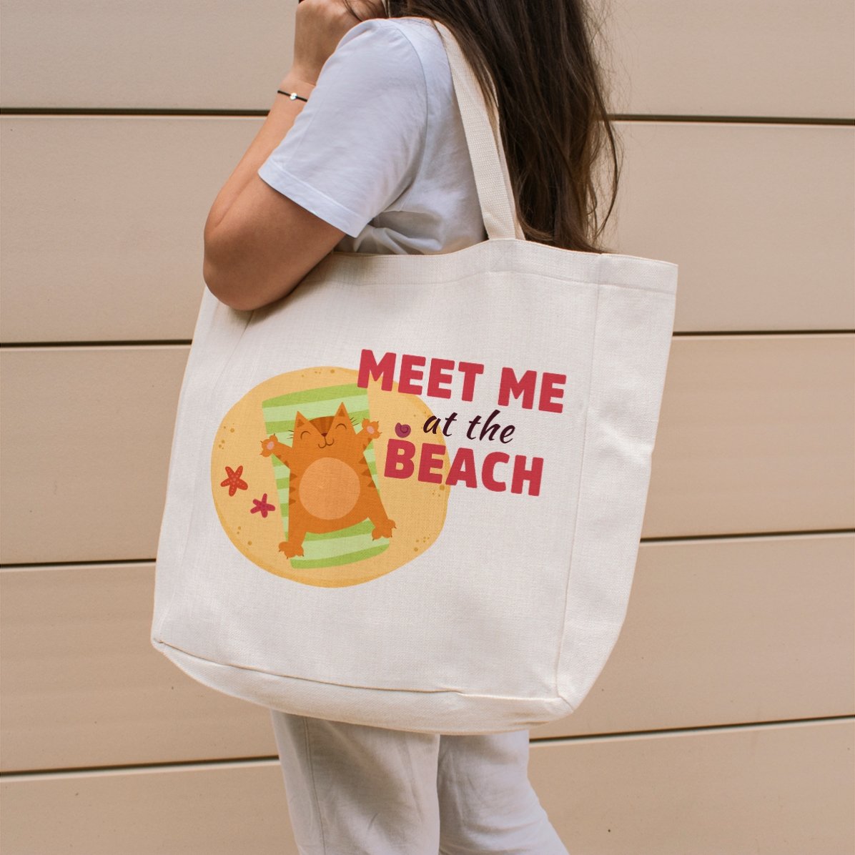 Bolso de playa personalizado con texto: «Meet me at the beach»