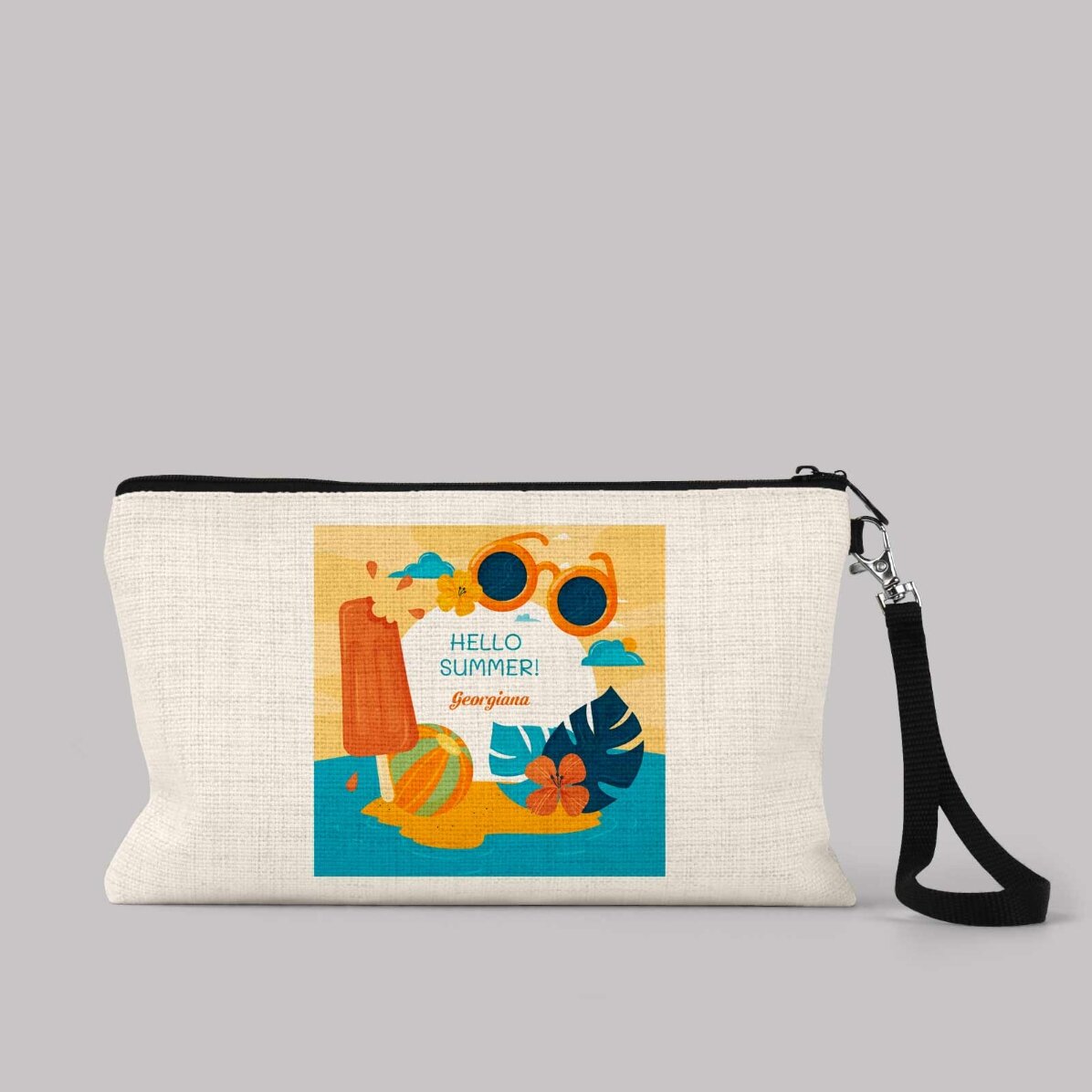 Bolsita para accesorios personalizada con el texto «Hello Summer!»
