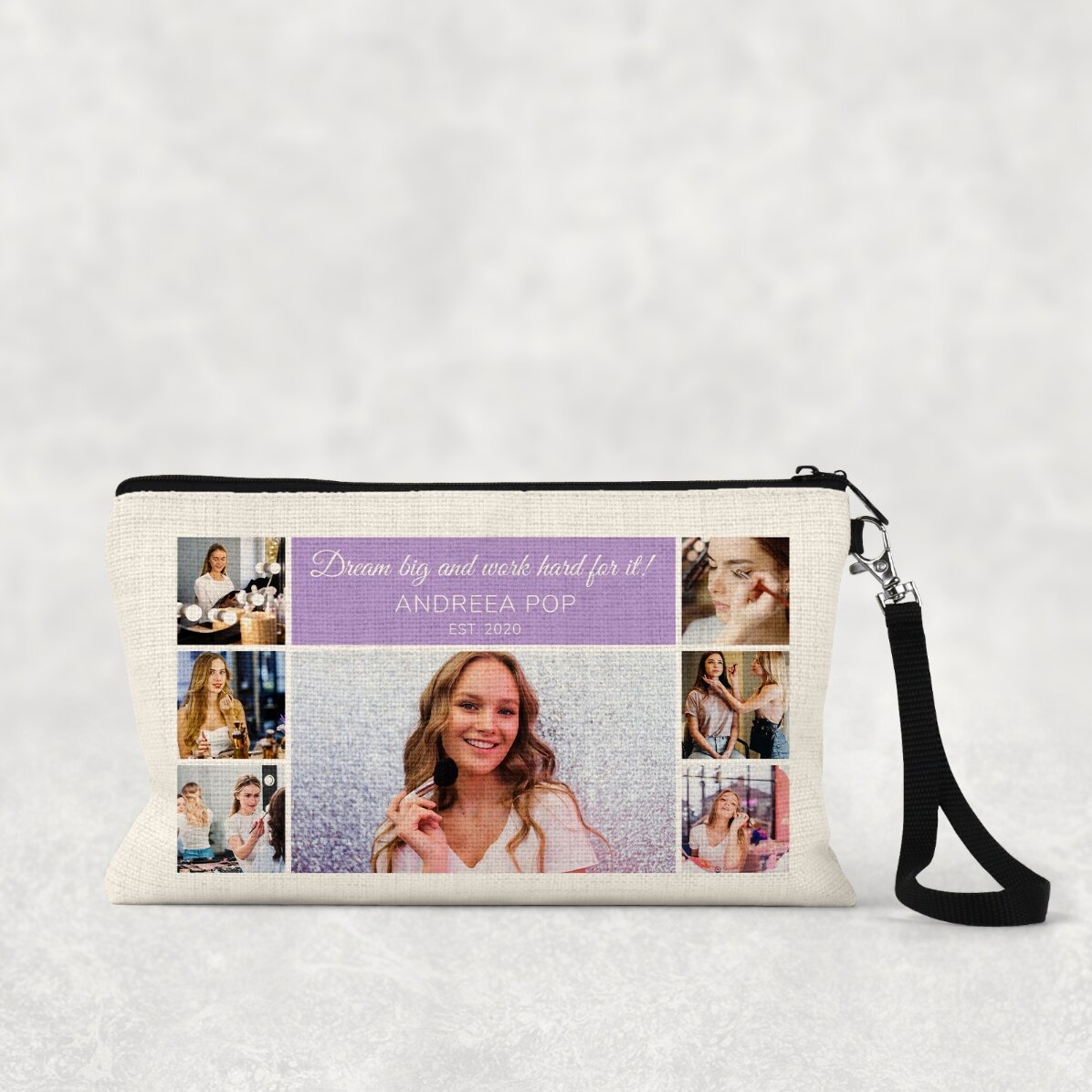 Bolsita para cosméticos personalizada con 7 fotos y texto