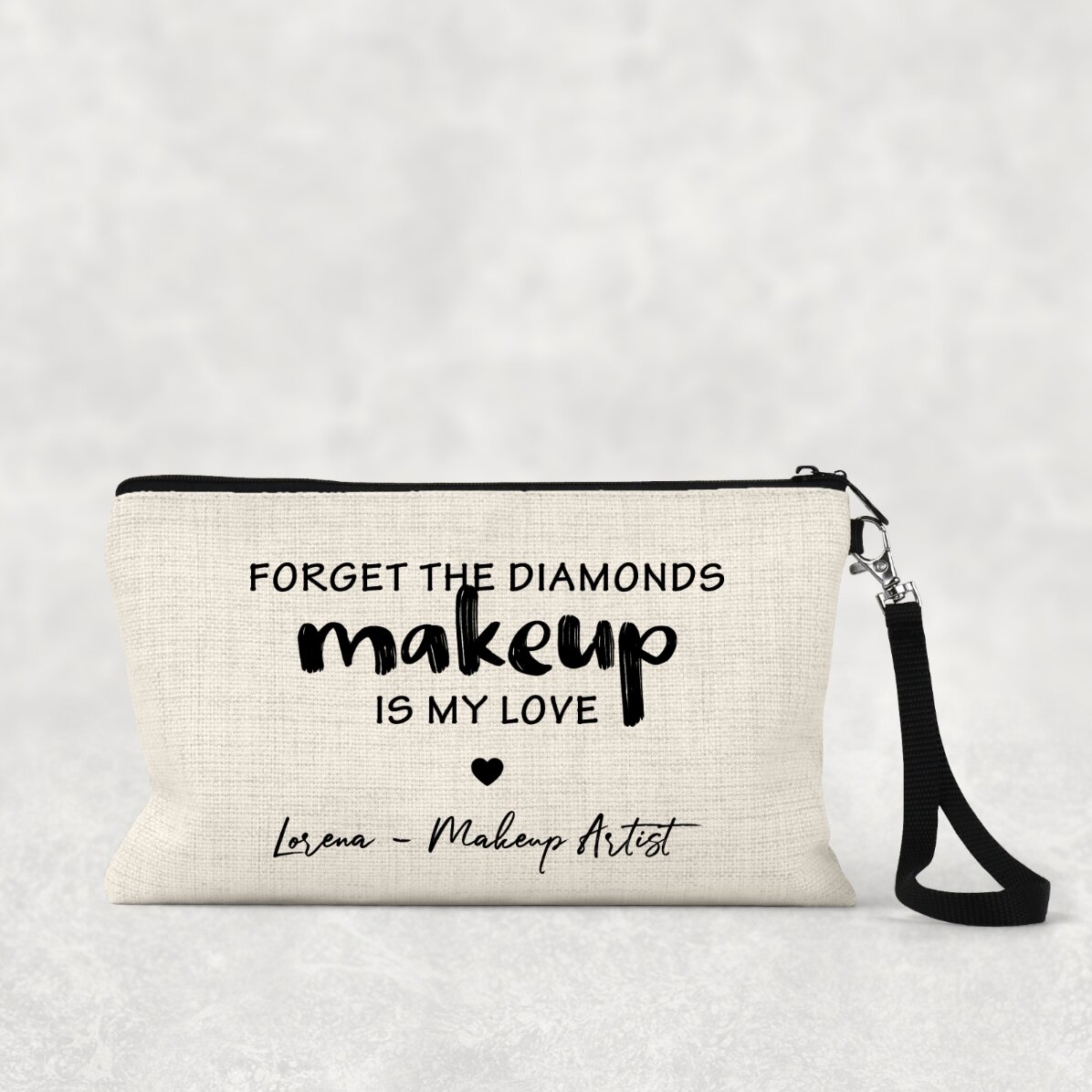 Bolsita para cosméticos personalizada con el texto «I love makeup»