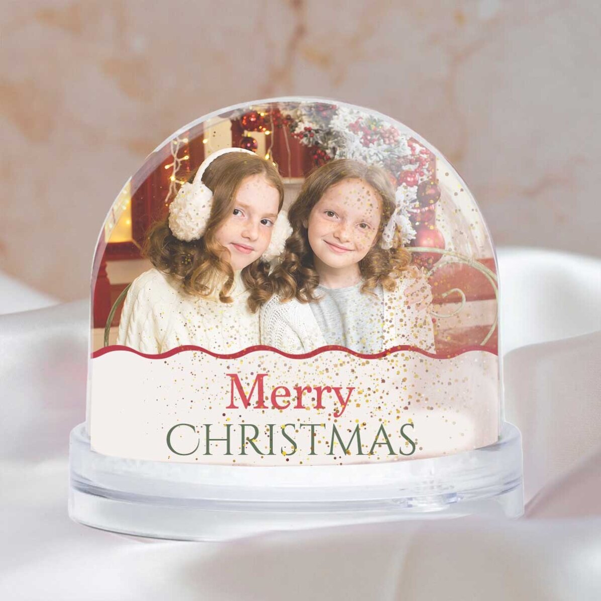 Globo de escritorio personalizado con un mensaje y dos fotos: ¡Feliz Navidad!