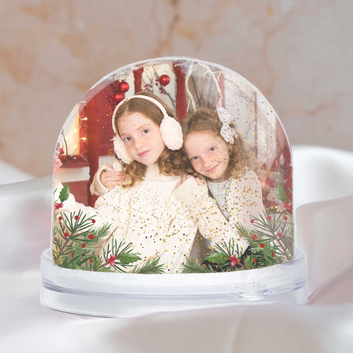 Globo de escritorio personalizado con un mensaje y dos fotos: ¡Feliz Navidad!