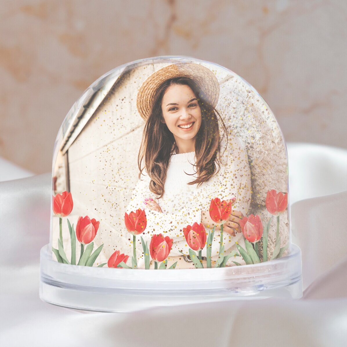 Globo de escritorio personalizado con foto y texto: «Una primavera maravillosa, como tú»