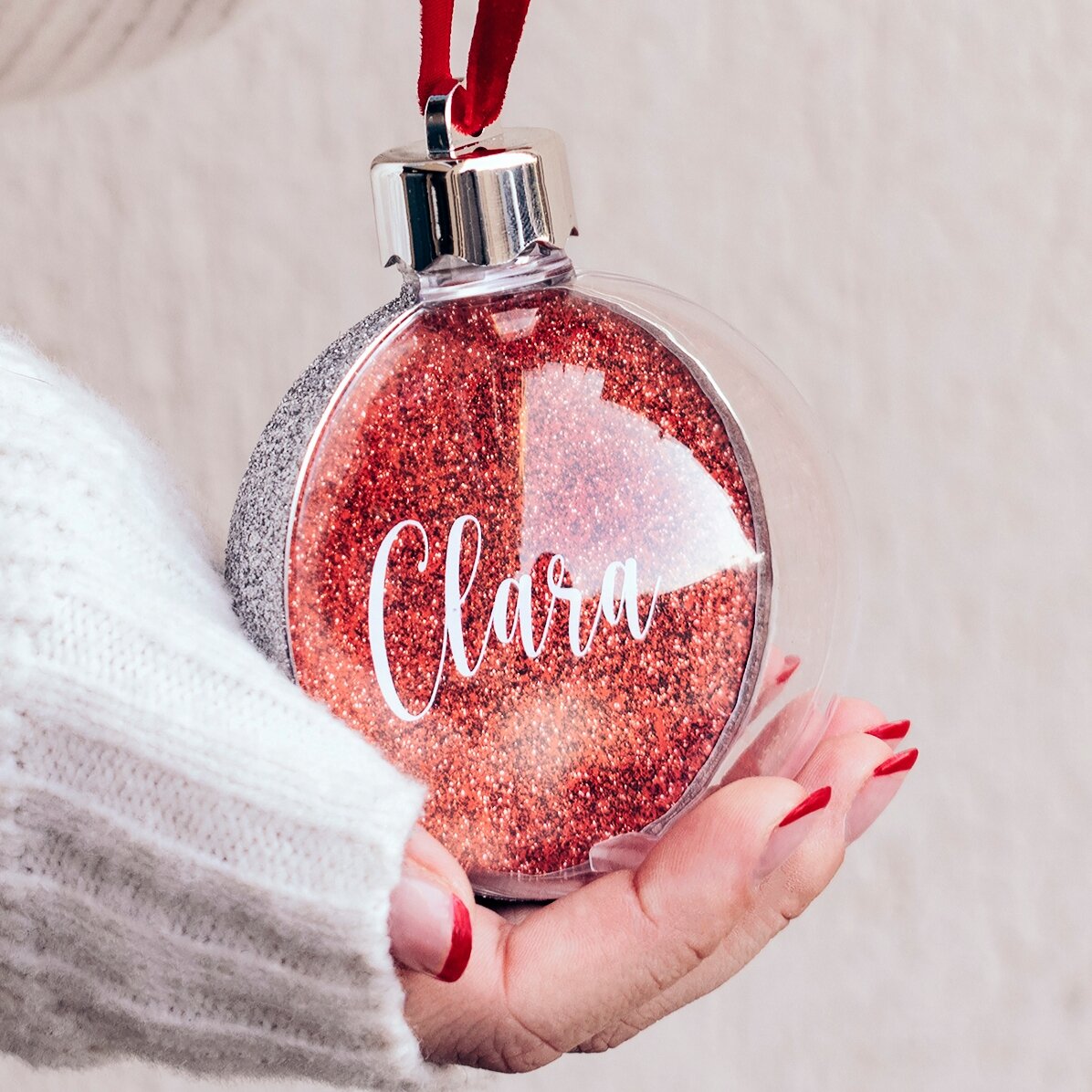 Bola de Navidad personalizada con tu nombre - Purpurina roja