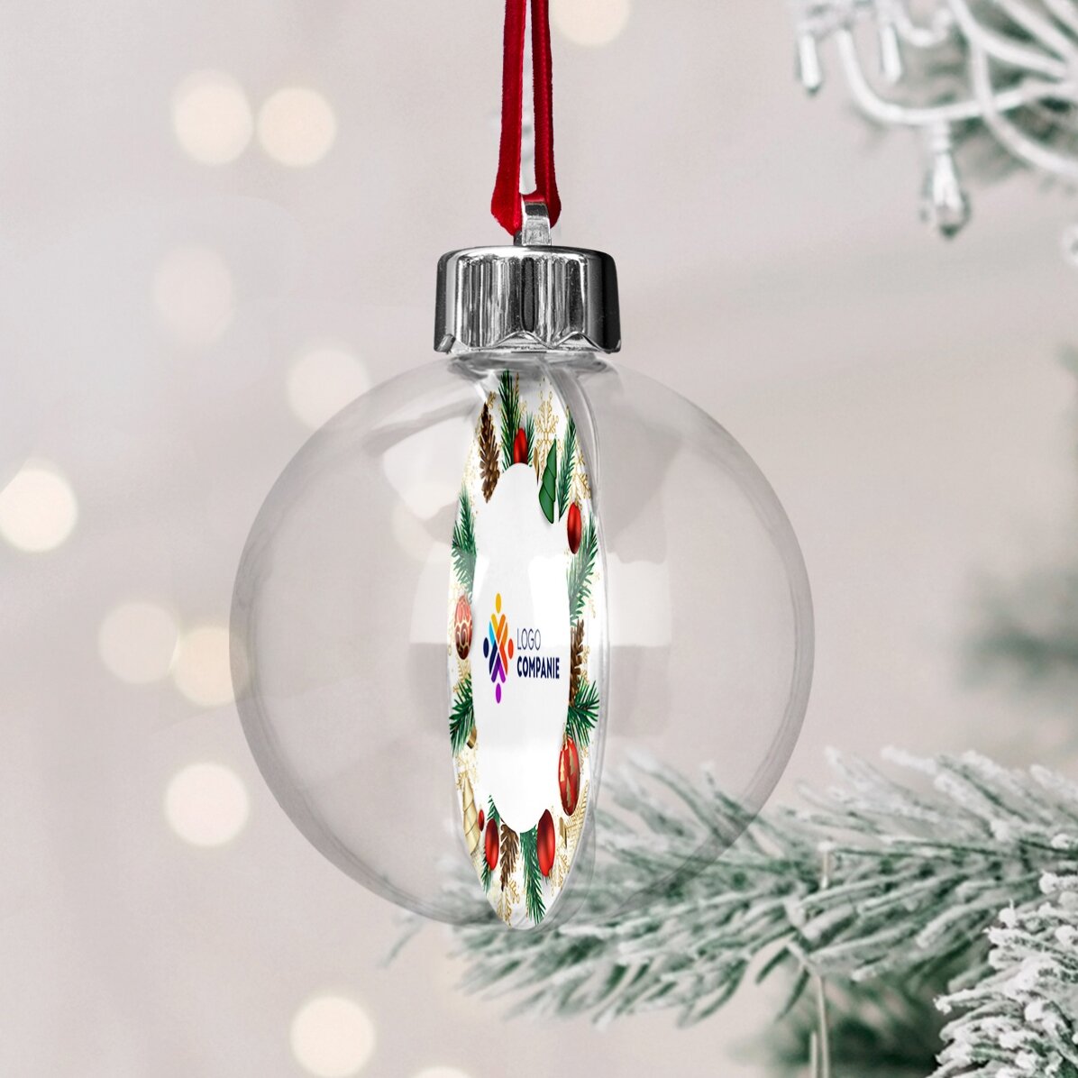 Bola de Navidad personalizada por ambos lados con logotipo y mensaje: ¡Felices fiestas!