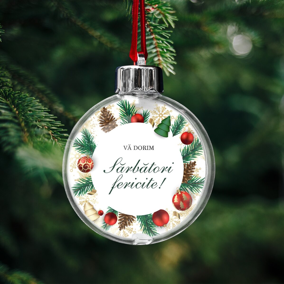 Bola de Navidad personalizada por ambos lados con logotipo y mensaje: ¡Felices fiestas!