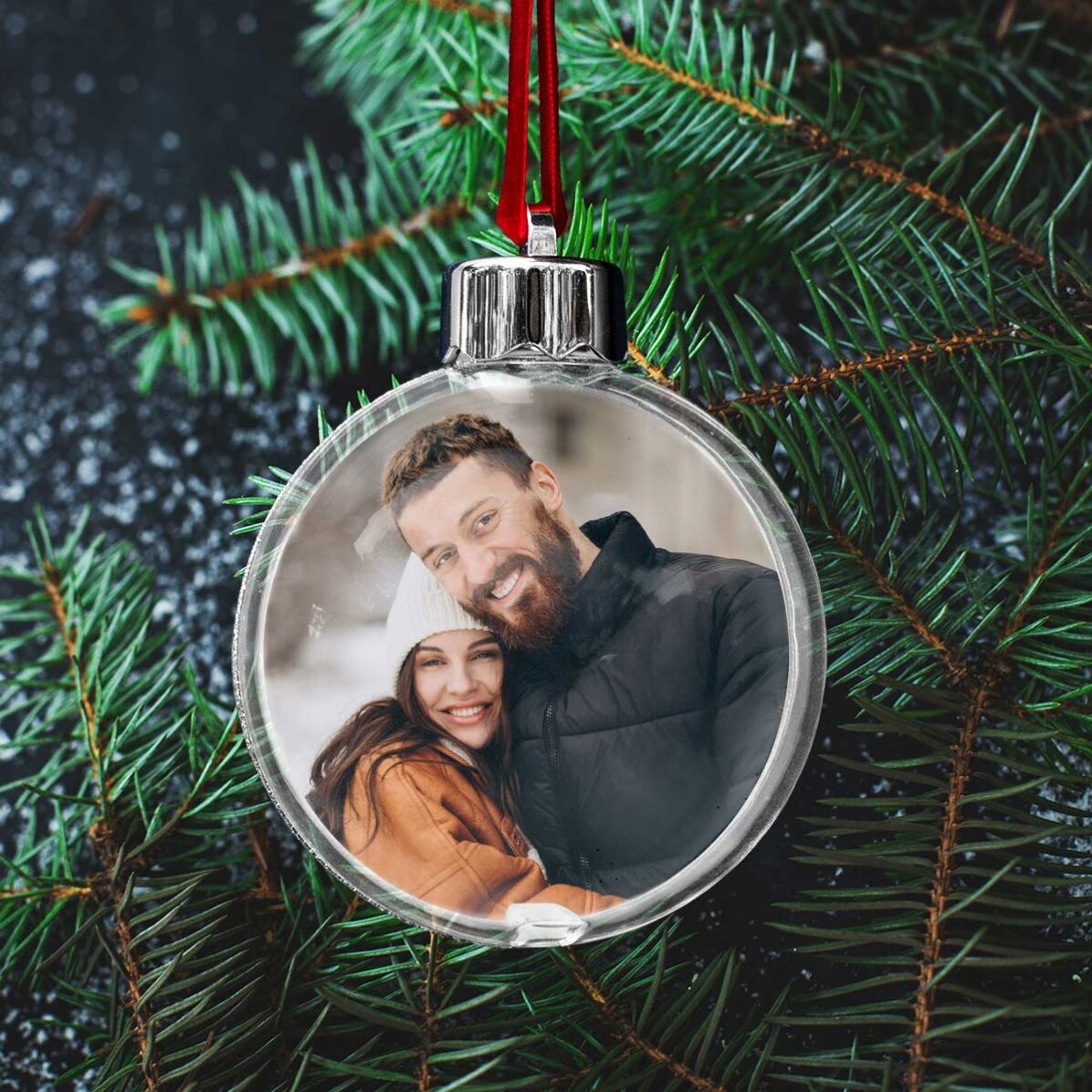 Bola de Navidad transparente personalizada por ambos lados con una foto y un mensaje: «All I want fo