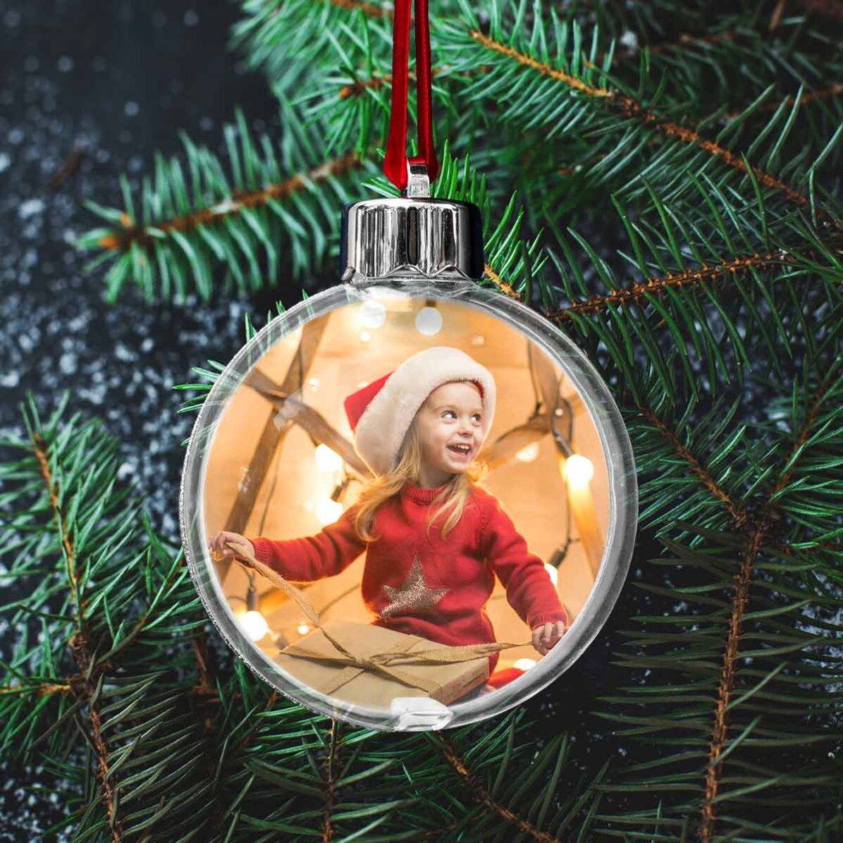 Customised transparent globe with a photo and message on both sides - Merry Christmas!