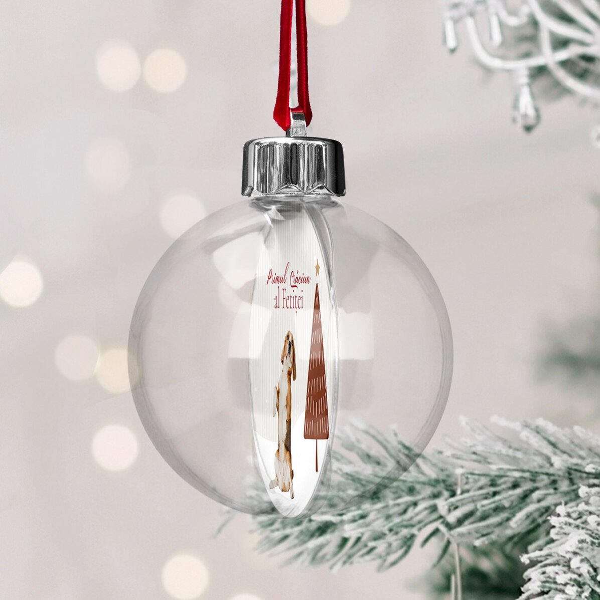 Customised double-sided transparent globe with a photo and message - First Furry Christmas