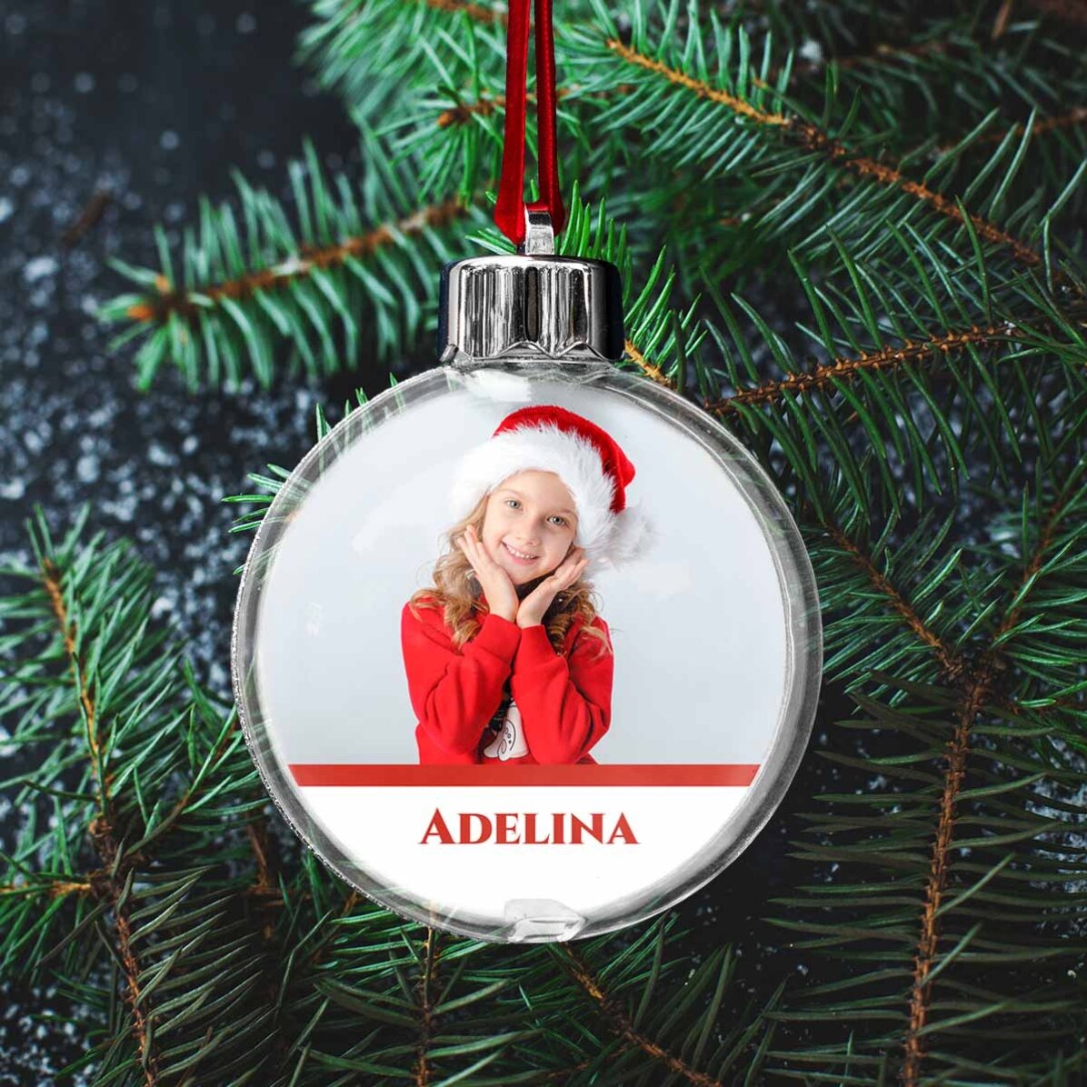 Bola de Navidad transparente personalizada por ambos lados con una foto y un texto - Navidad